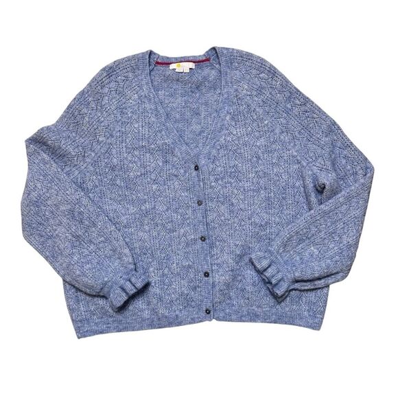 Boden Wool Blend Lace Pointelle Blue Fluffy Cardigan Ruffle Cuffs Sz 14 - Picture 2 of 9